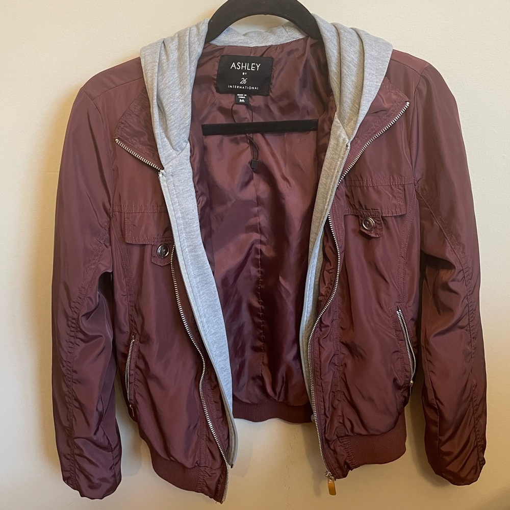 Wine/Grey Bomber Jacket with Hood!
